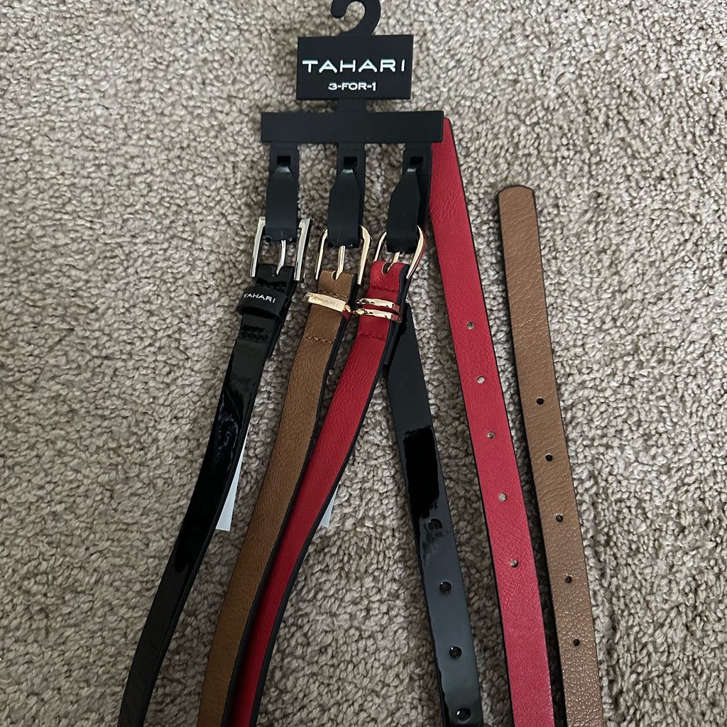 Tahari Black And Red Leather Belts With Metal Buckles